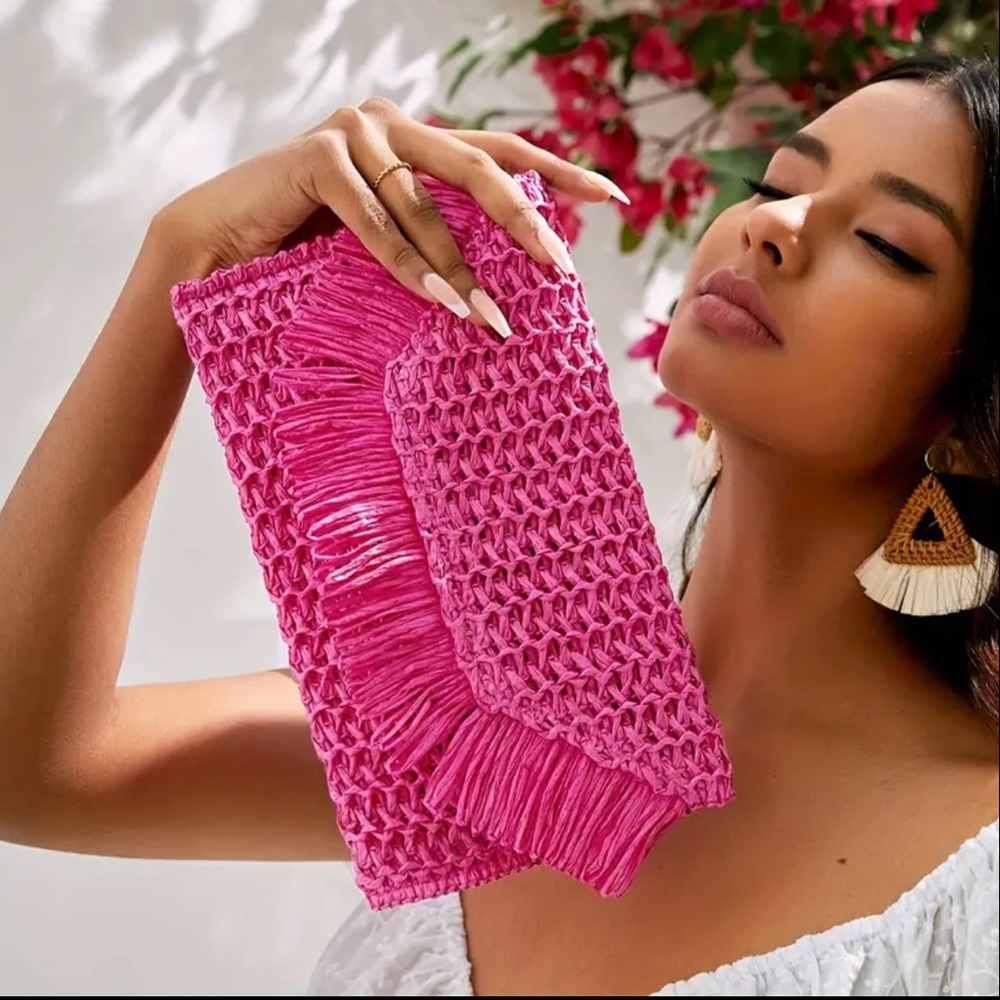Hot Pink / Barbie Pink Woven Straw Raffia Fringe Clutch Handbag
